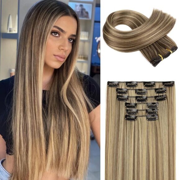 New 6PC Clip-in Hair Extensions 24" Straight Synthetic - Brown Blonde Highlights